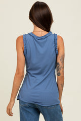 Blue Rib Knit Ruffle Trim Sleeveless Top