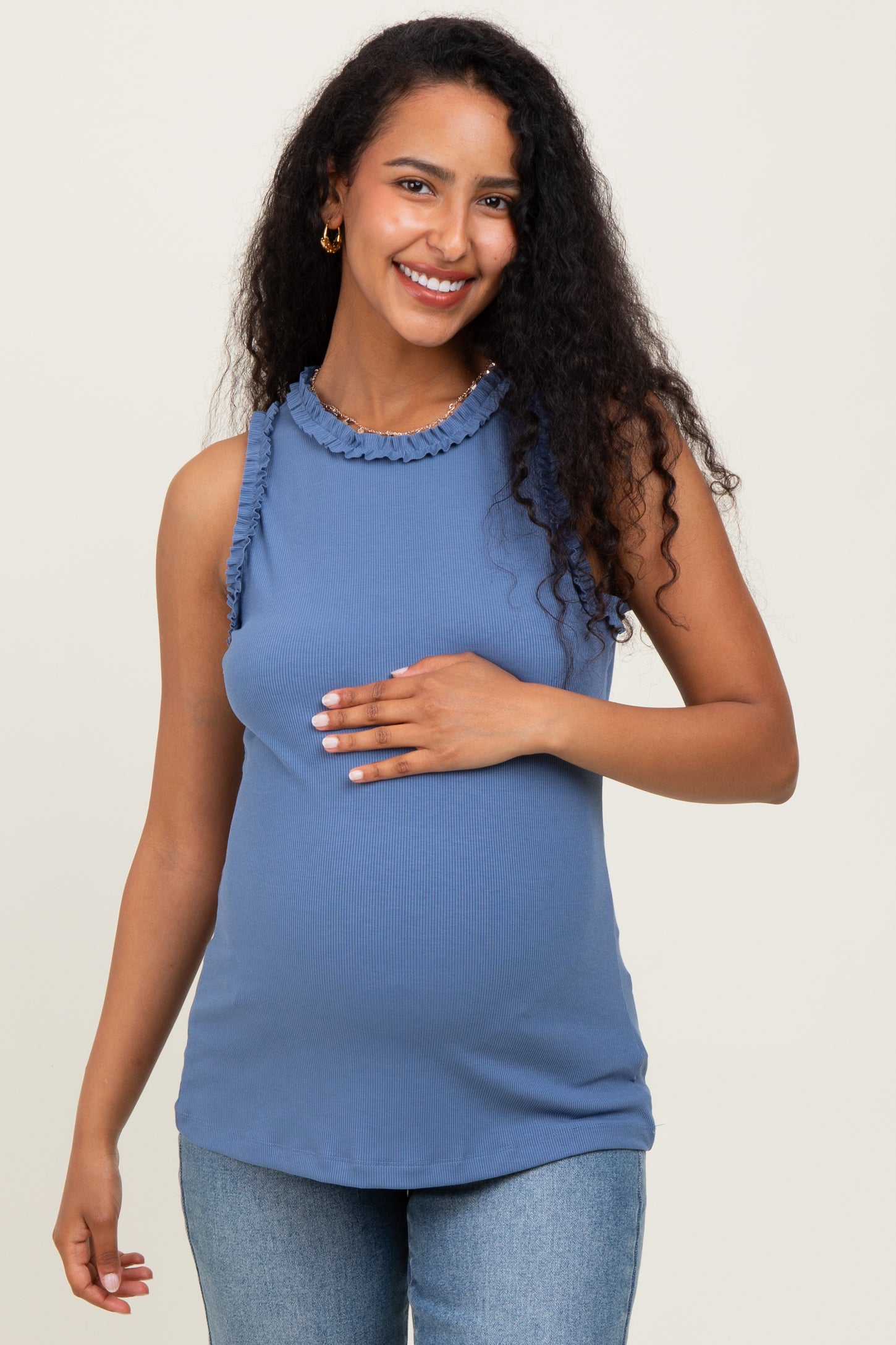 Blue Rib Knit Ruffle Trim Sleeveless Maternity Top