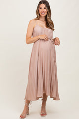 Mocha Pleated Sash Tie Maternity Midi Dress