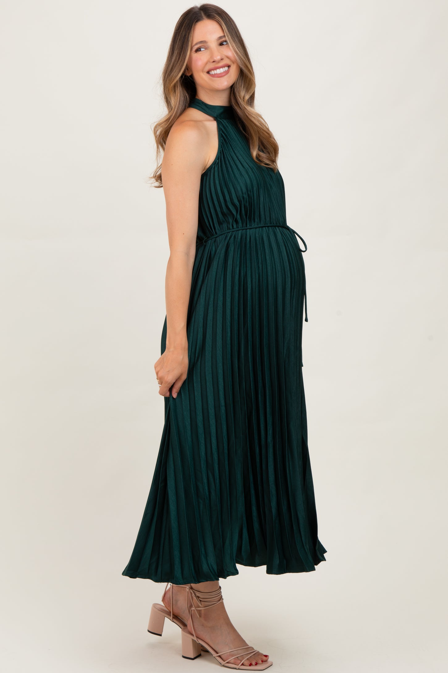 Forest Green Pleated Maternity Halter Dress