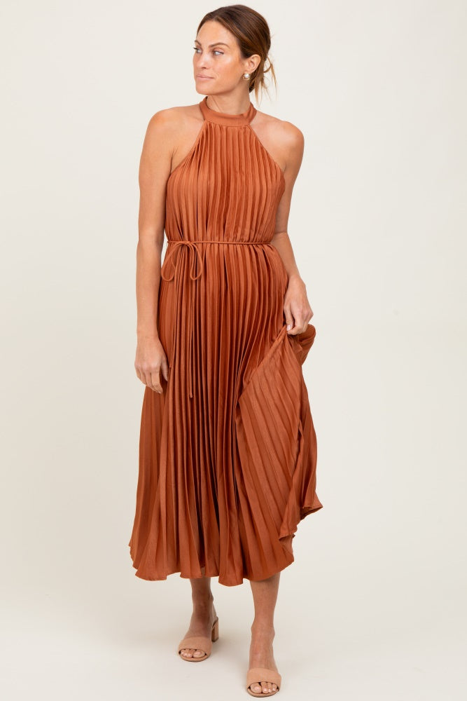 Mocha Pleated Maternity Halter Dress
