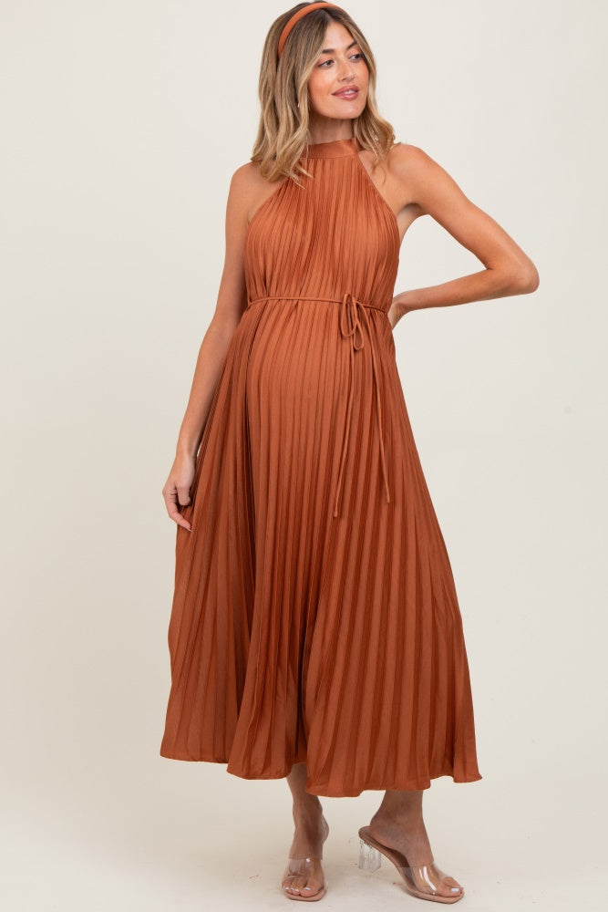 Mocha Pleated Maternity Halter Dress