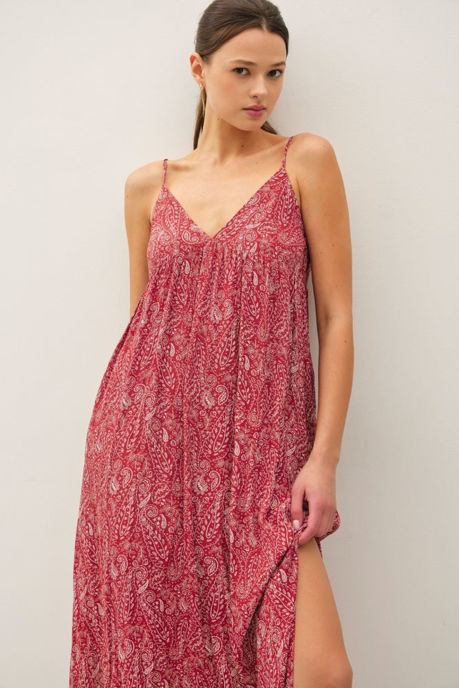 Rust Paisley Print Sleeveless Side Slit Maxi Dress