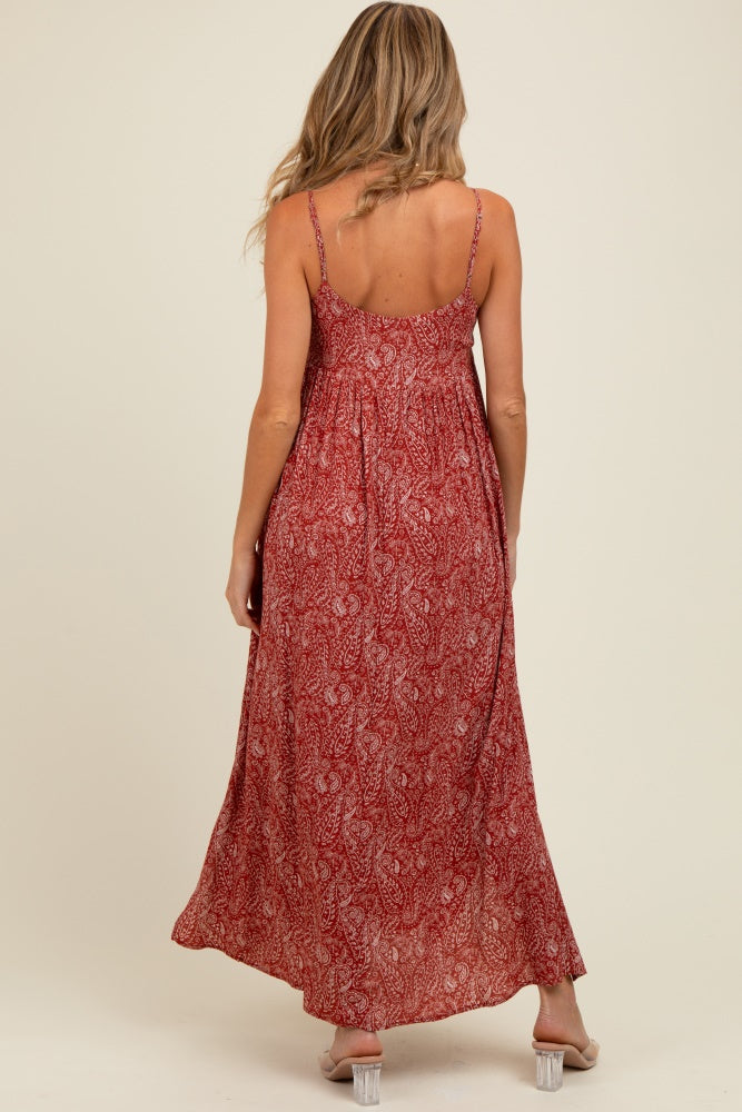 Rust Paisley Print Sleeveless Side Slit Maternity Maxi Dress