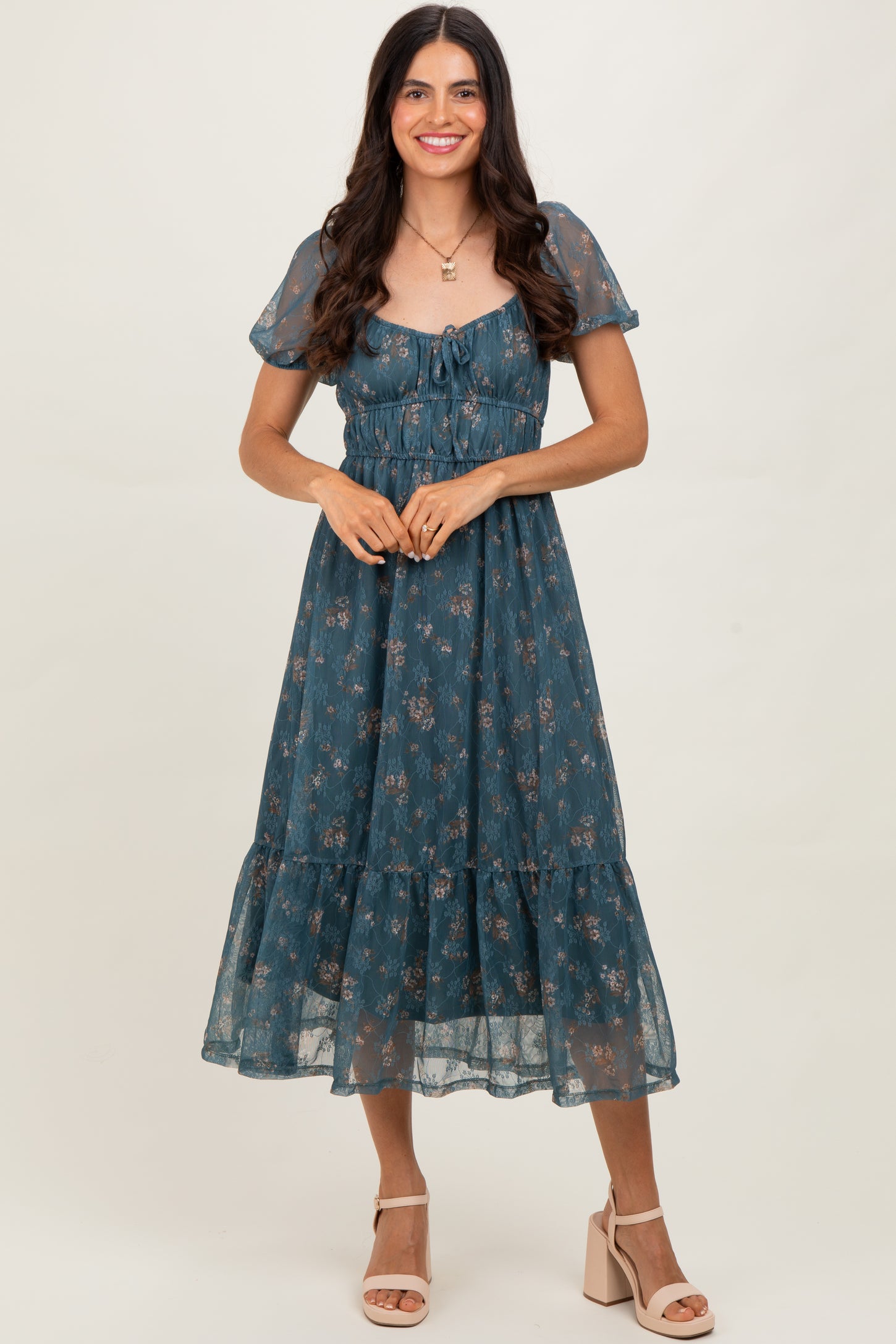 Deep Teal Floral Lace Overlay Puff Sleeve Midi Dress