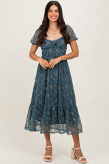 Deep Teal Floral Lace Overlay Puff Sleeve Midi Dress