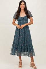Deep Teal Floral Lace Overlay Puff Sleeve Maternity Midi Dress