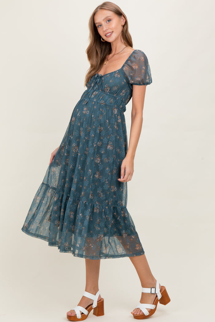 Deep Teal Floral Lace Overlay Puff Sleeve Maternity Midi Dress