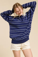 Navy Striped Knit Relaxed Fit Polo Sweater