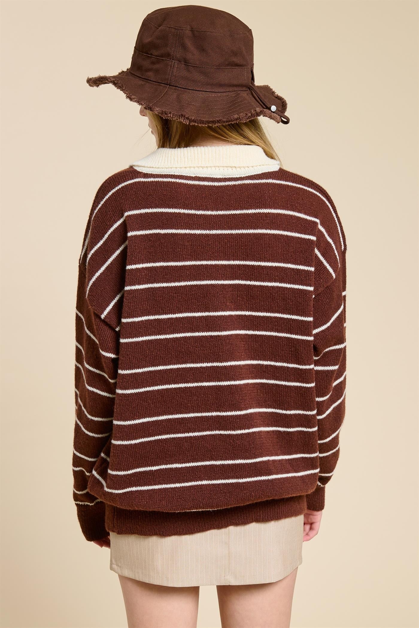 Brown Striped Knit Relaxed Fit Polo Sweater