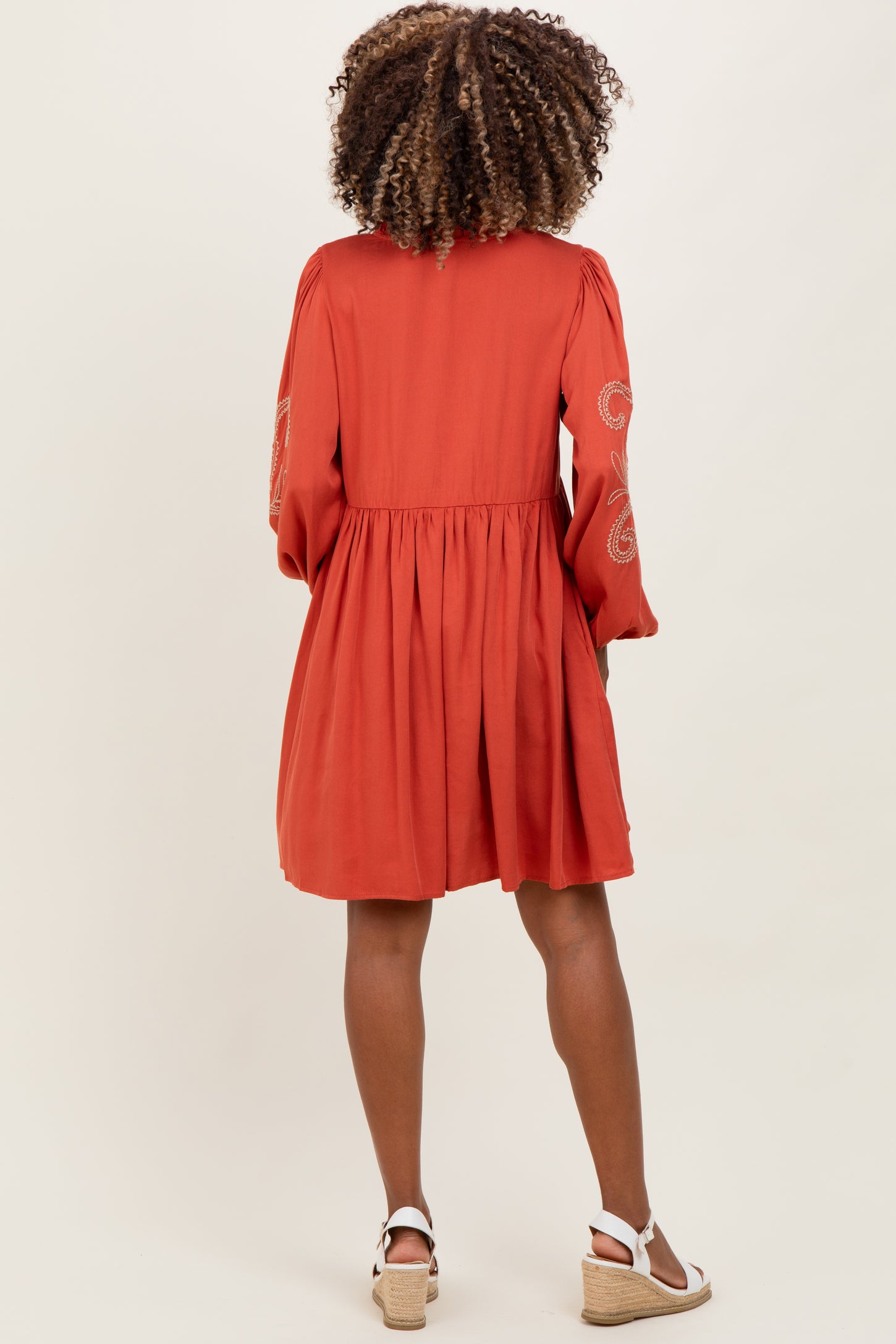 Rust Embroidered V-Neck Long Sleeve Maternity Dress