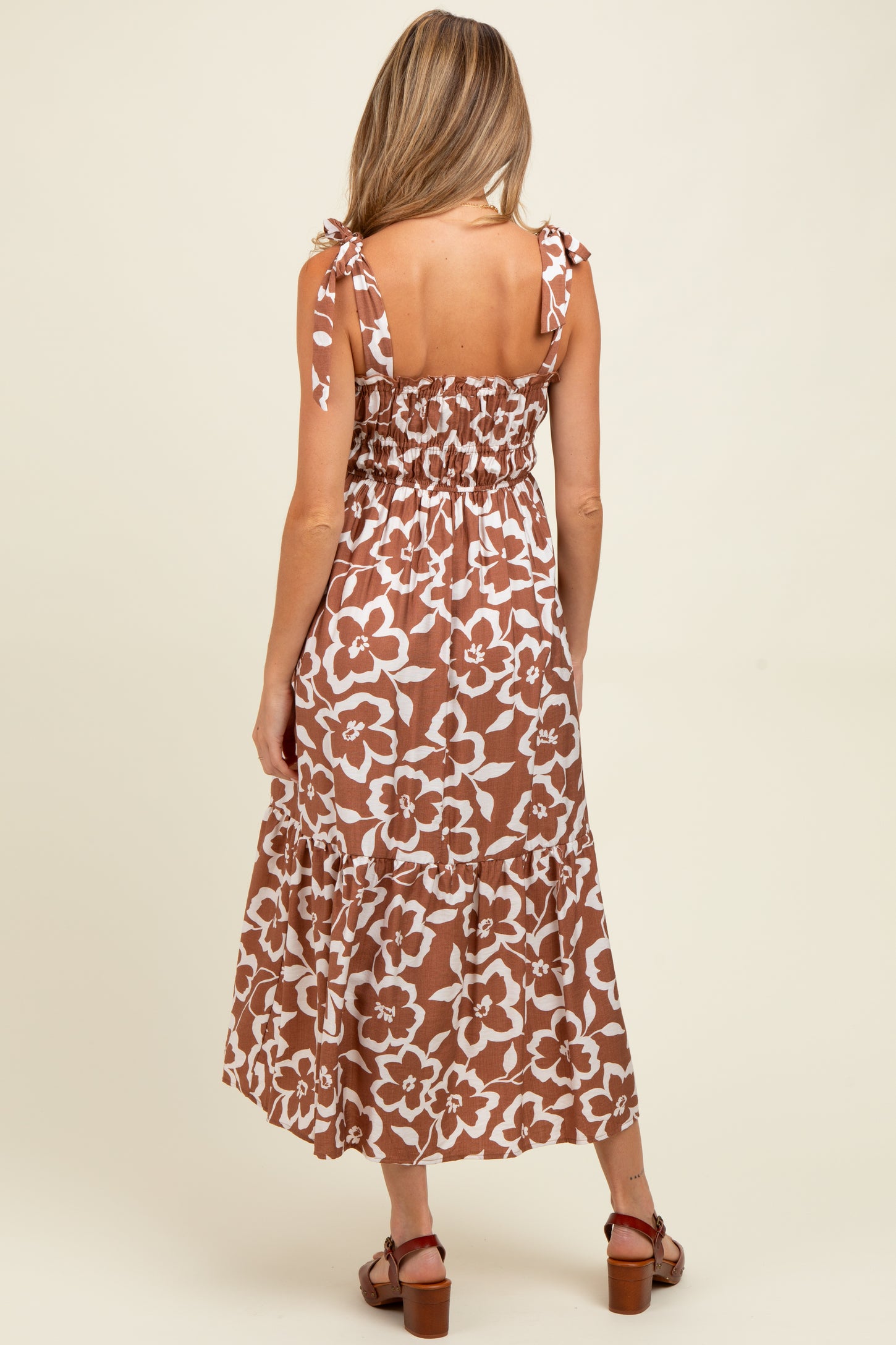 Mocha Floral Tiered Shoulder Tie Maternity Midi Dress
