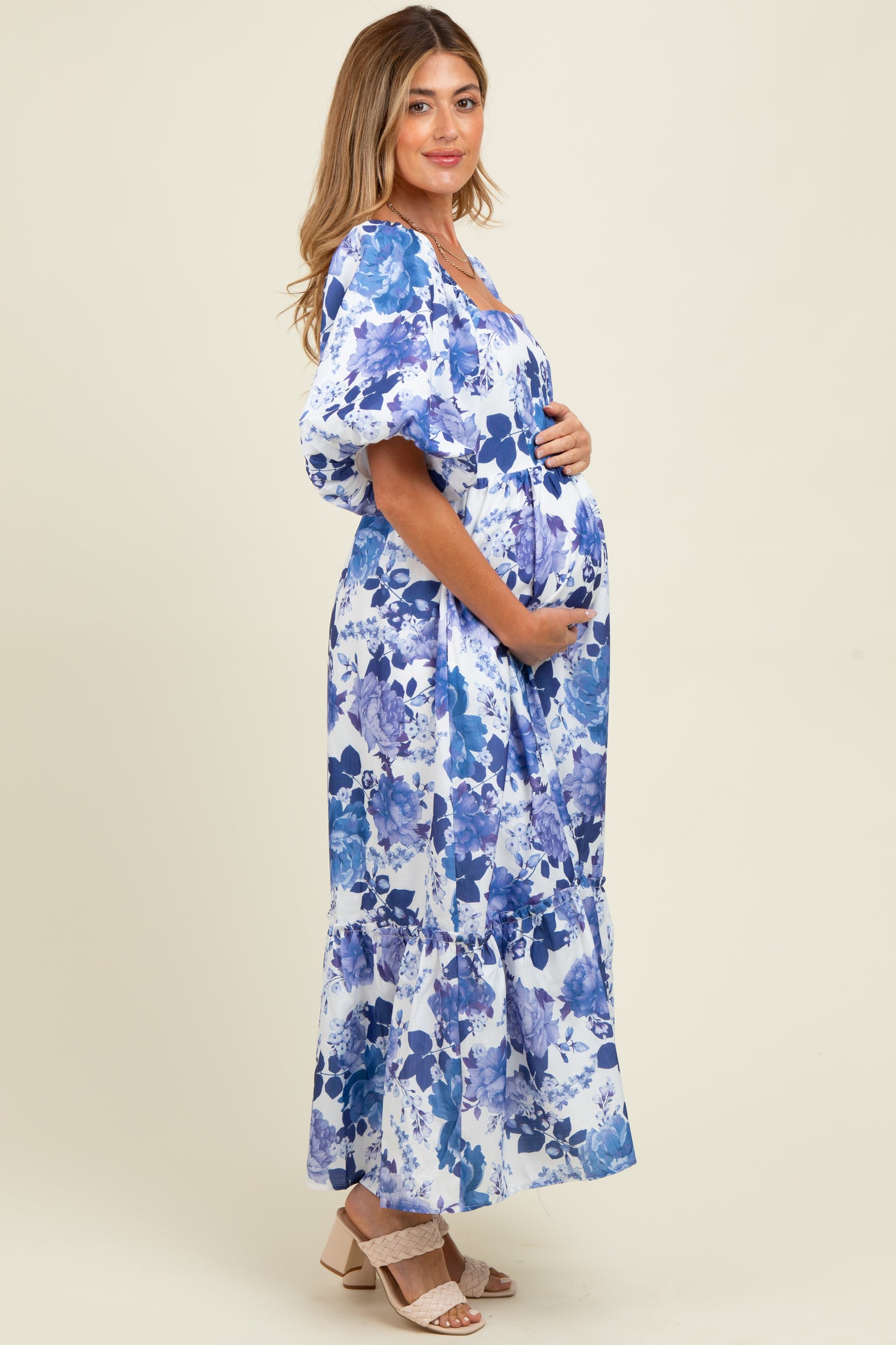 Blue Floral Square Neck Puffed Sleeve Maternity Maxi Dress