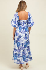 Blue Floral Square Neck Puffed Sleeve Maternity Maxi Dress