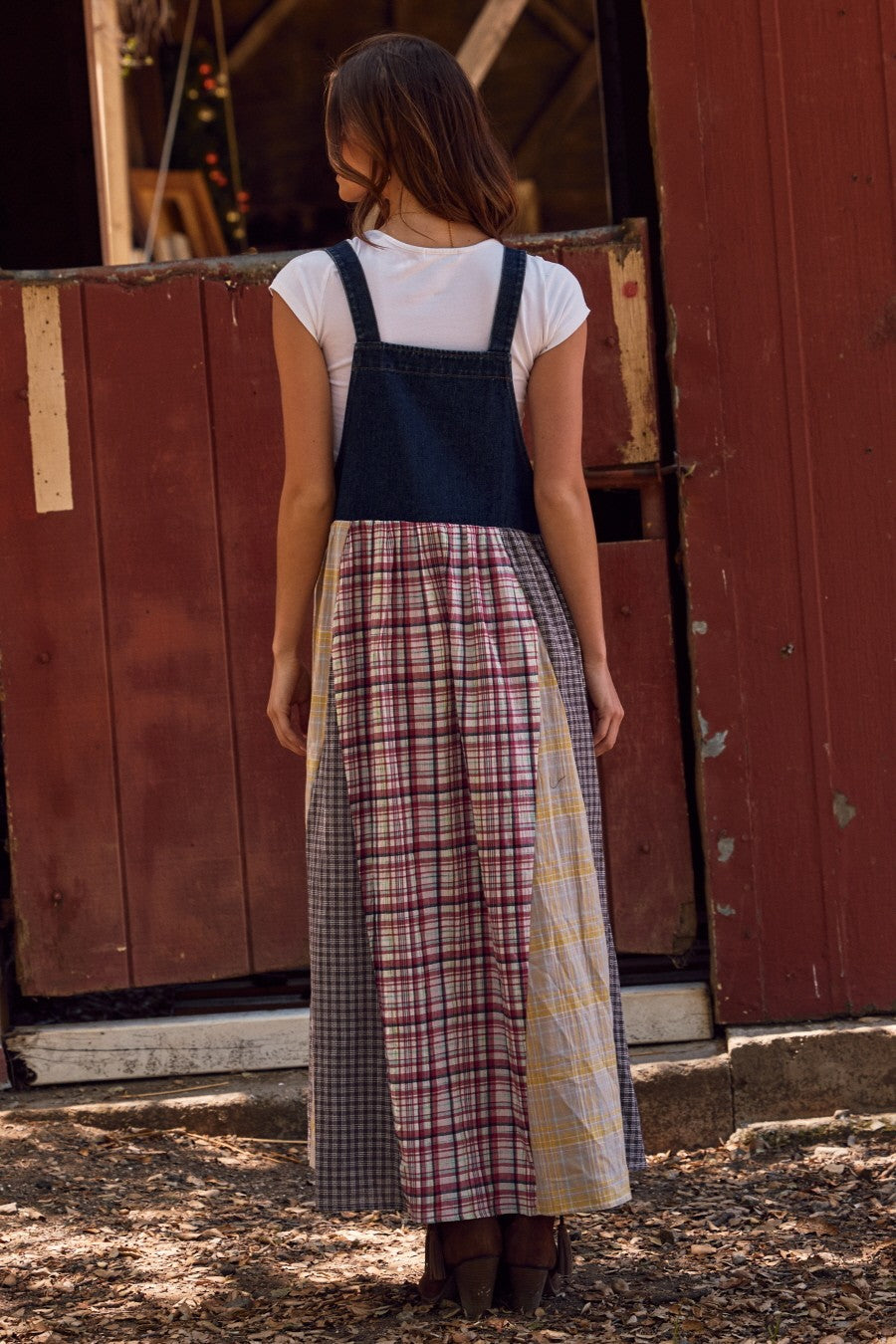 Multicolor Plaid Colorblock Denim Overall Dress