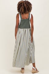 Olive Striped Colorblock Denim Contrast Maternity Maxi Dress