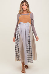Mocha Multicolor Colorblock Plaid Denim Overall Maternity Dress
