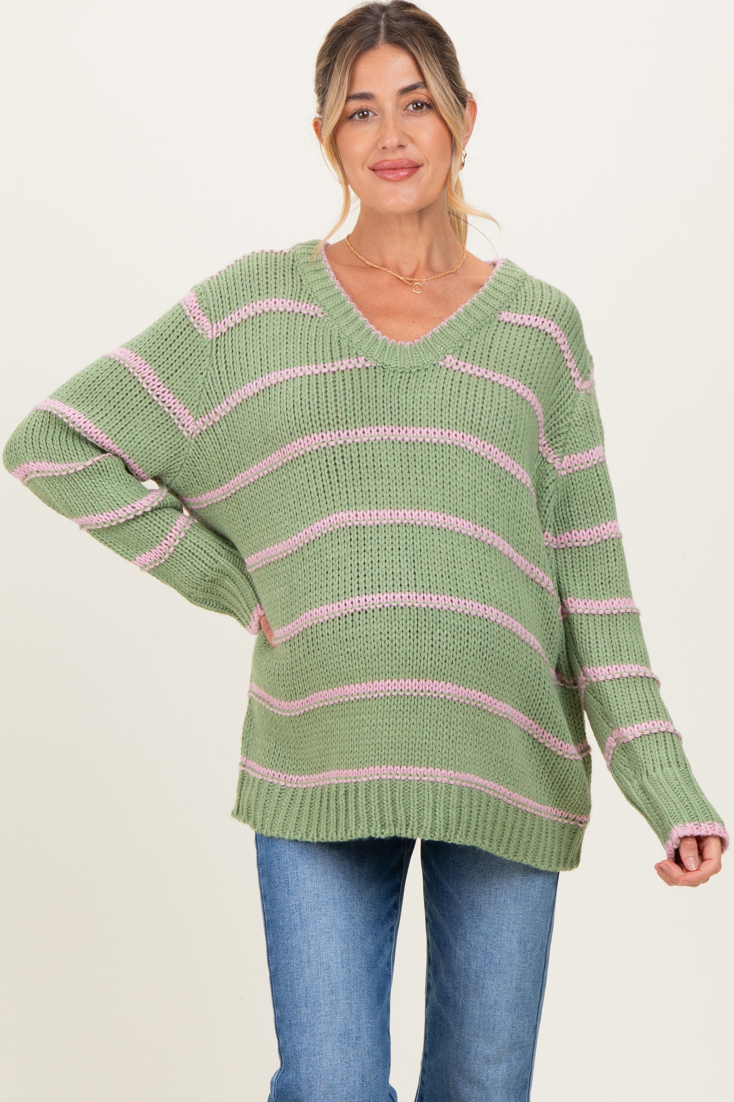 Light Olive Pink Striped Boxy Maternity Sweater