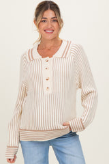 Cream Chunky Rib Striped Detail Polo Maternity Sweater