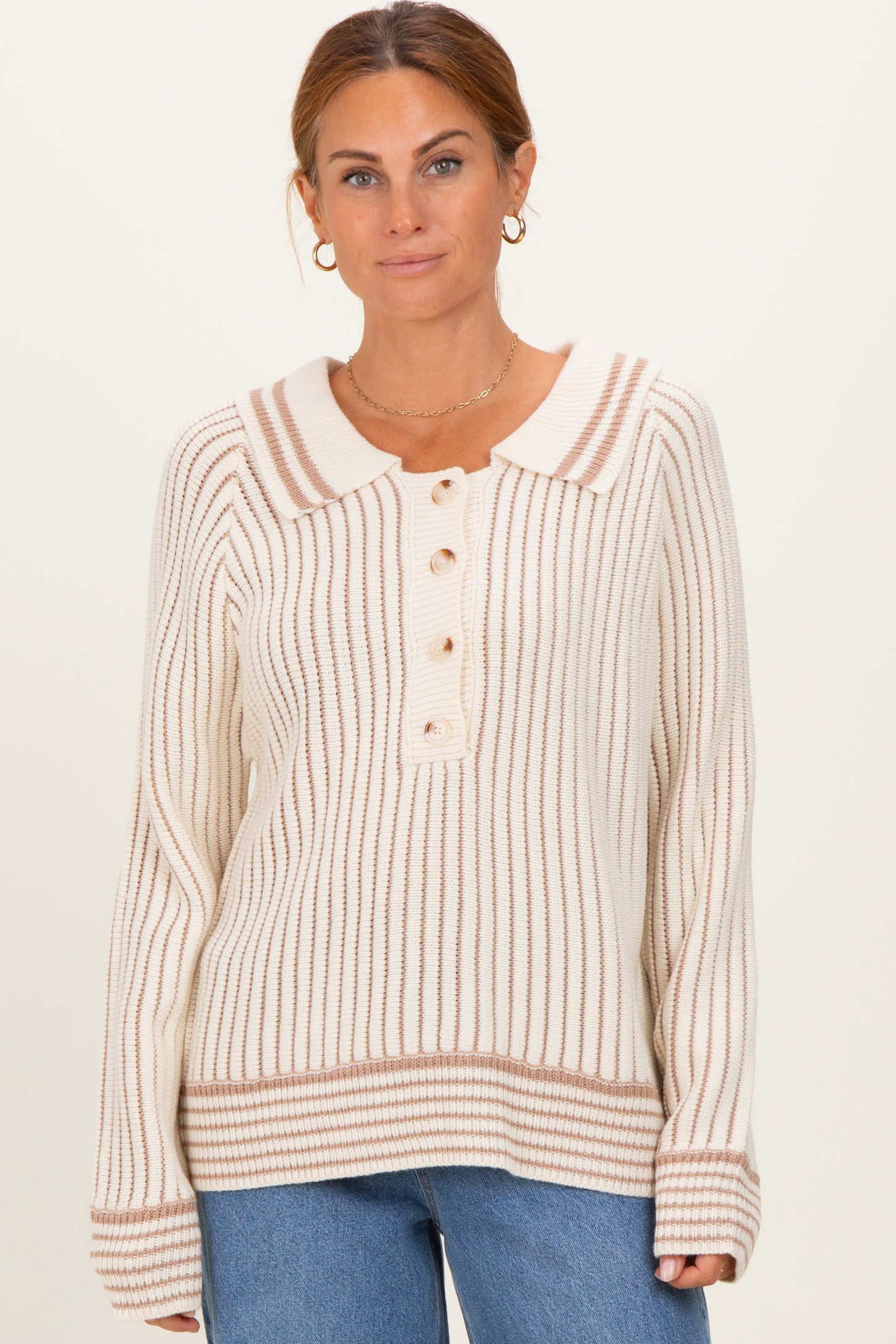 Cream Chunky Rib Striped Detail Polo Maternity Sweater