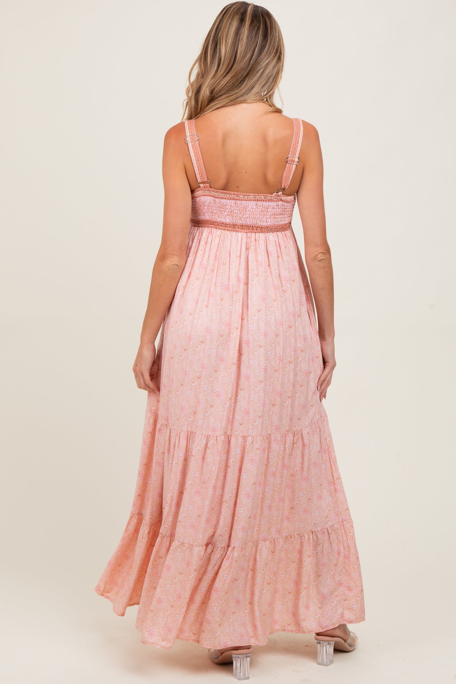 Pink Border Print Sleeveless Maternity Maxi Dress