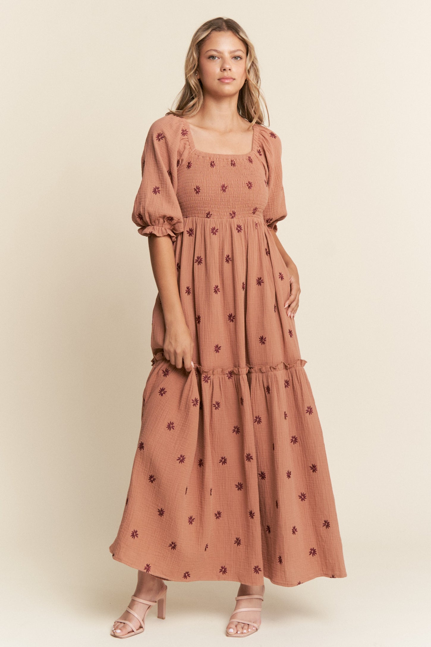 Rust Floral Smocked Puff Sleeve Maternity Maxi Dress