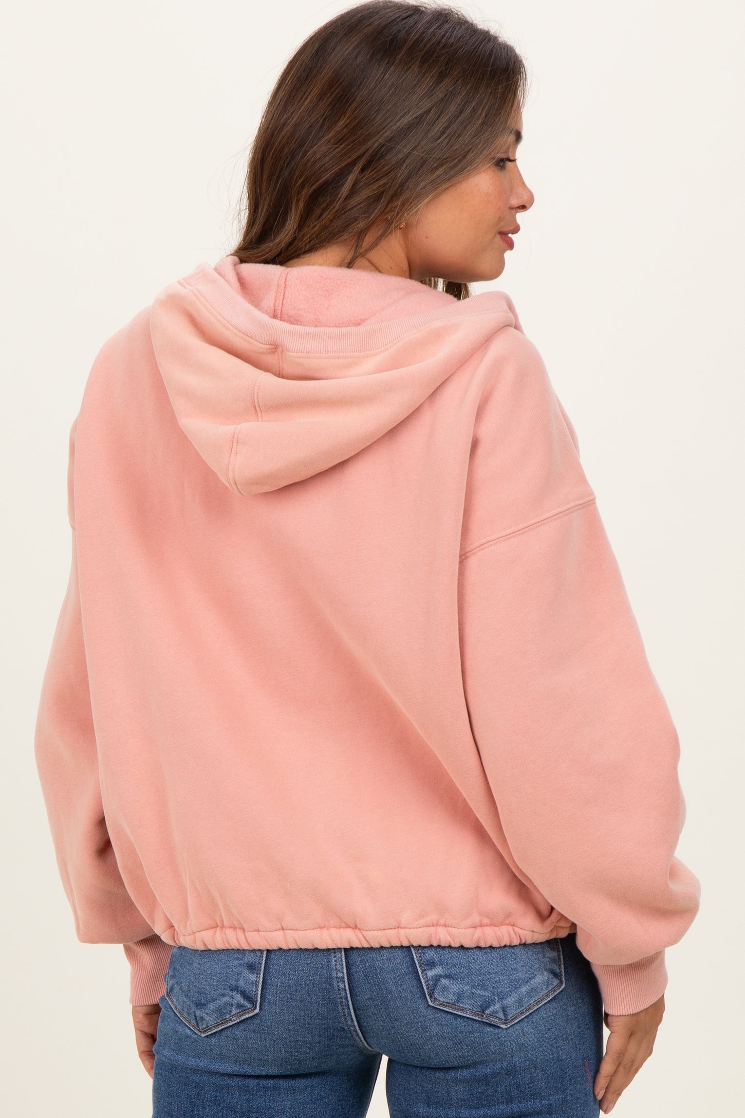 Peach Fleece Half Zip Drop Shoulder Maternity Hoodie