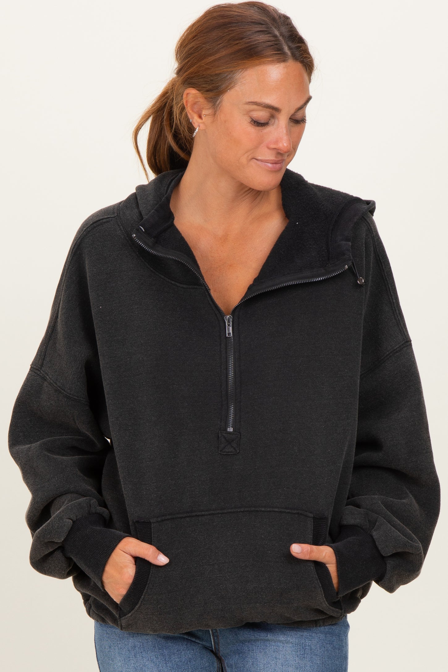 Black Fleece Half Zip Drop Shoulder Maternity Hoodie