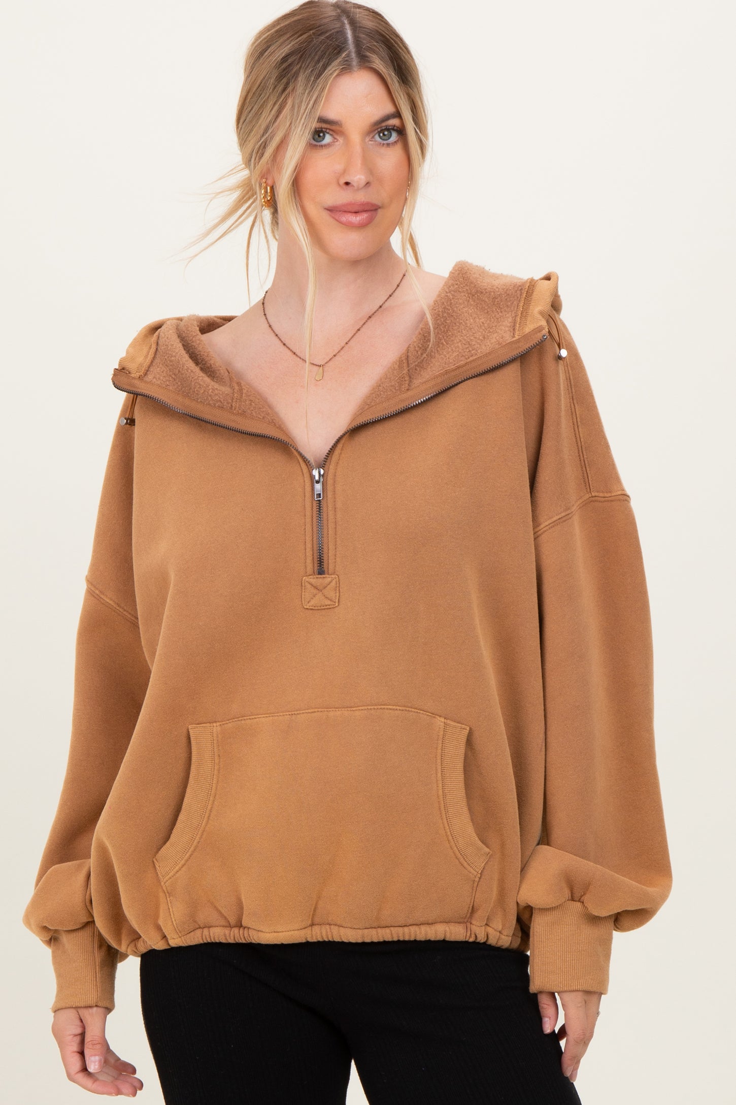 Mocha Fleece Half Zip Drop Shoulder Maternity Hoodie