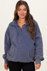 Navy Fleece Half Zip Drop Shoulder Maternity Hoodie