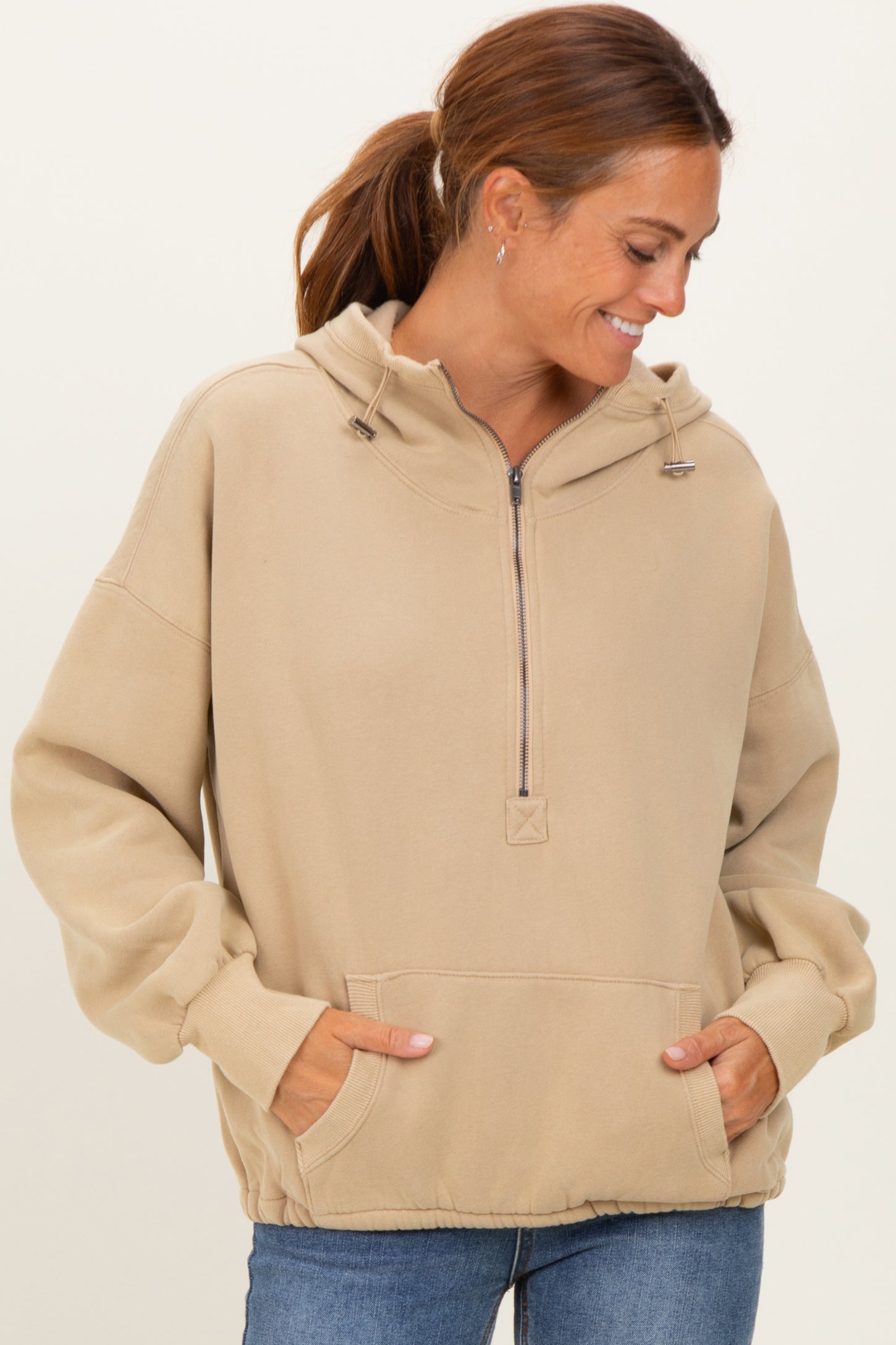 Light Taupe Fleece Half Zip Drop Shoulder Maternity Hoodie
