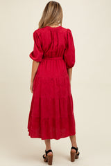 Burgundy Floral Jacquard Button Front Tiered Maternity Dress