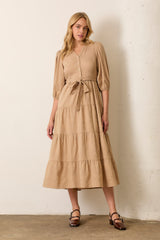 Taupe Floral Jacquard Button Front Tiered Dress