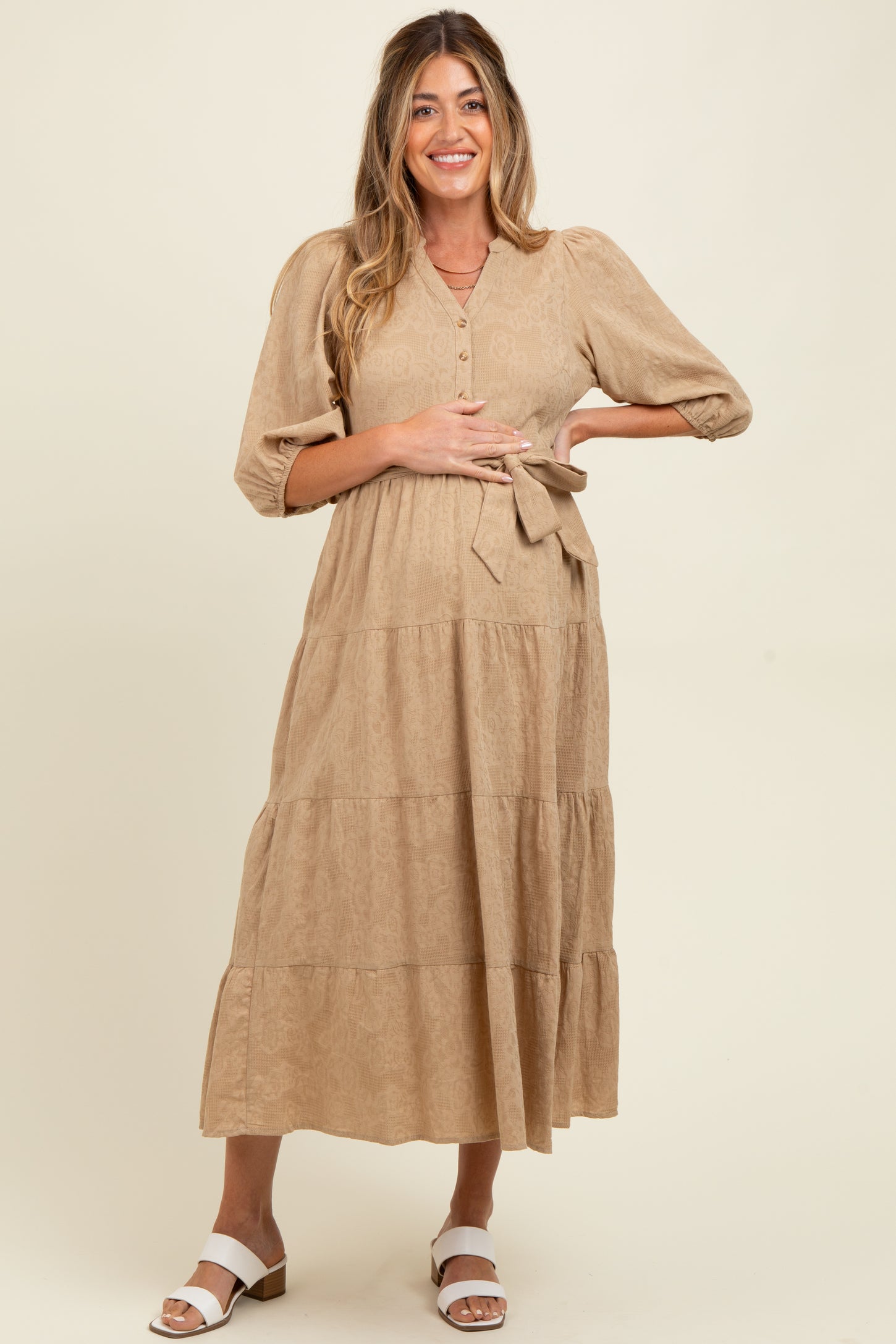 Taupe Floral Jacquard Button Front Tiered Maternity Dress