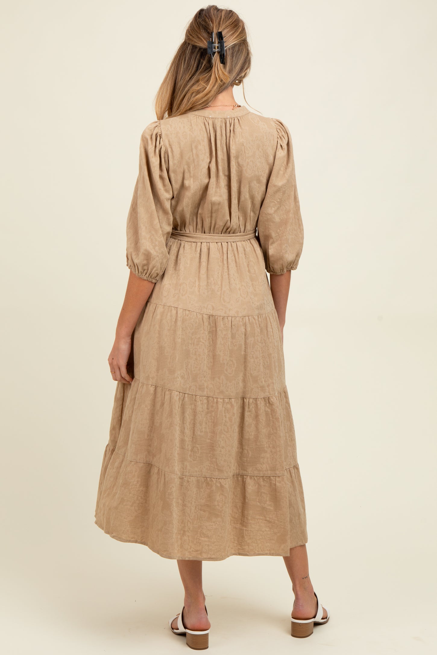 Taupe Floral Jacquard Button Front Tiered Maternity Dress