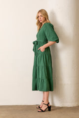 Forest Green Floral Jacquard Button Front Tiered Dress