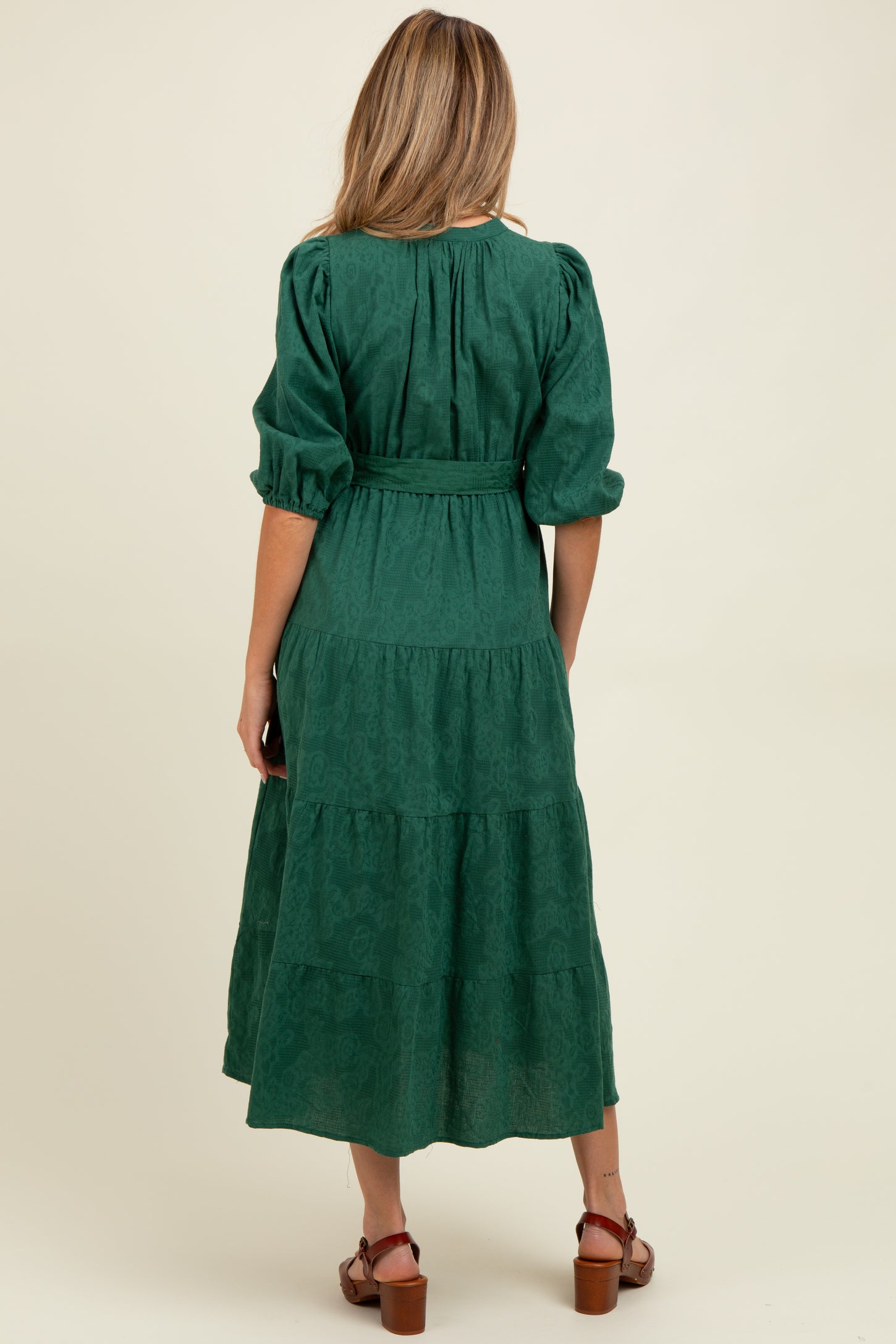 Forest Green Floral Jacquard Button Front Tiered Maternity Dress