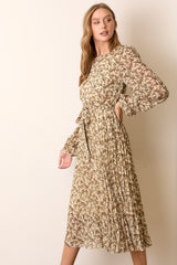 Cream Floral Chiffon Long Sleeve Pleated Midi Dress