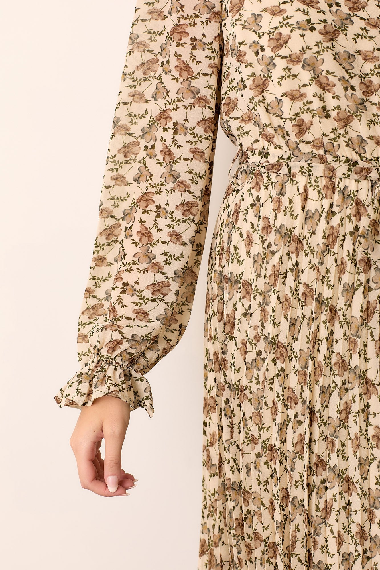 Cream Floral Chiffon Long Sleeve Pleated Midi Dress