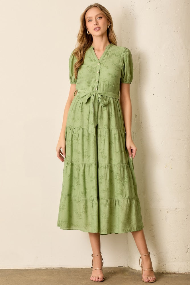 Green Floral Button Front Tiered Maternity Midi Dress