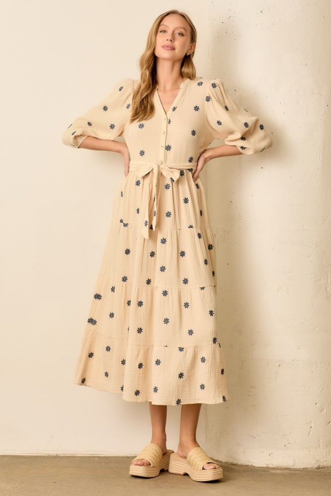 Cream Floral Cotton Gauze Tiered Midi Dress