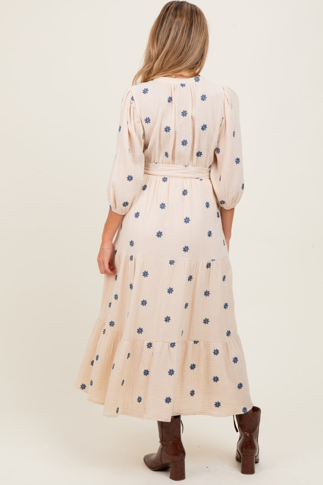 Cream Floral Cotton Gauze Tiered Maternity Midi Dress