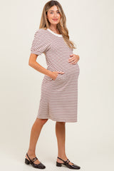 Burgundy Striped Puff Sleeve Maternity Midi T-Shirt Dress