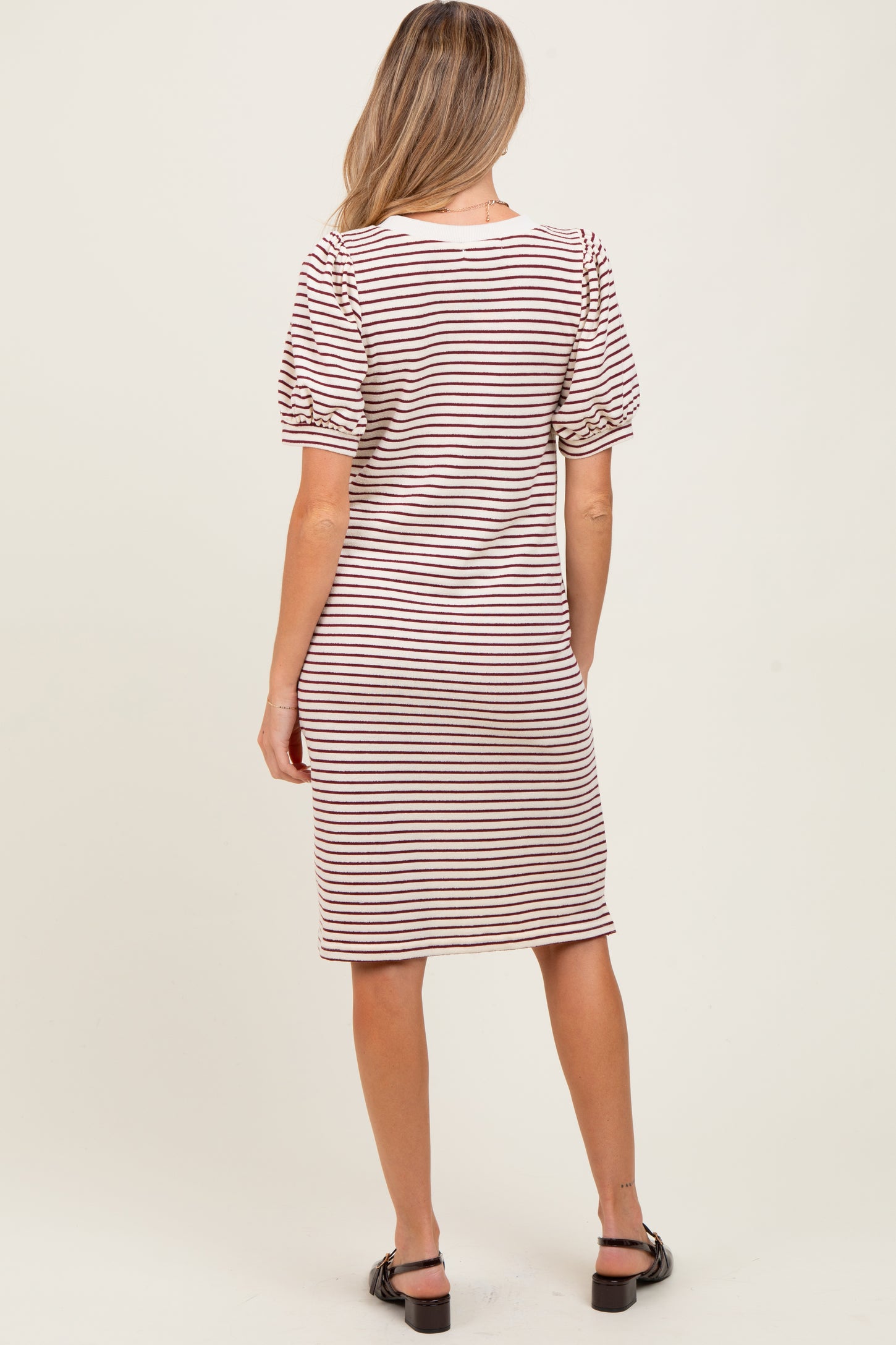 Burgundy Striped Puff Sleeve Maternity Midi T-Shirt Dress