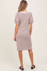 Burgundy Striped Puff Sleeve Maternity Midi T-Shirt Dress