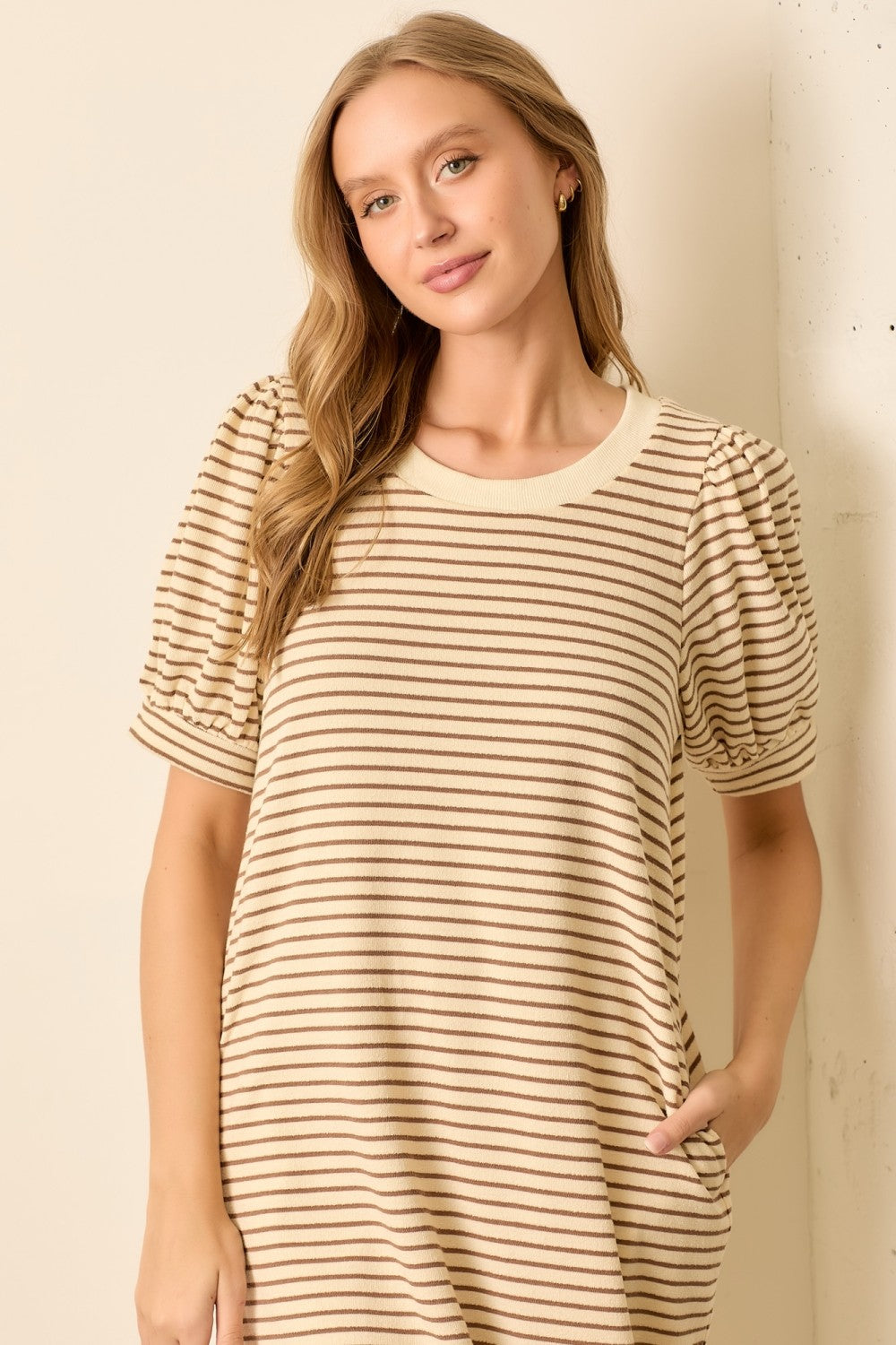 Mocha Striped Puff Sleeve Midi T-Shirt Dress