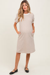 Mocha Striped Puff Sleeve Maternity Midi T-Shirt Dress