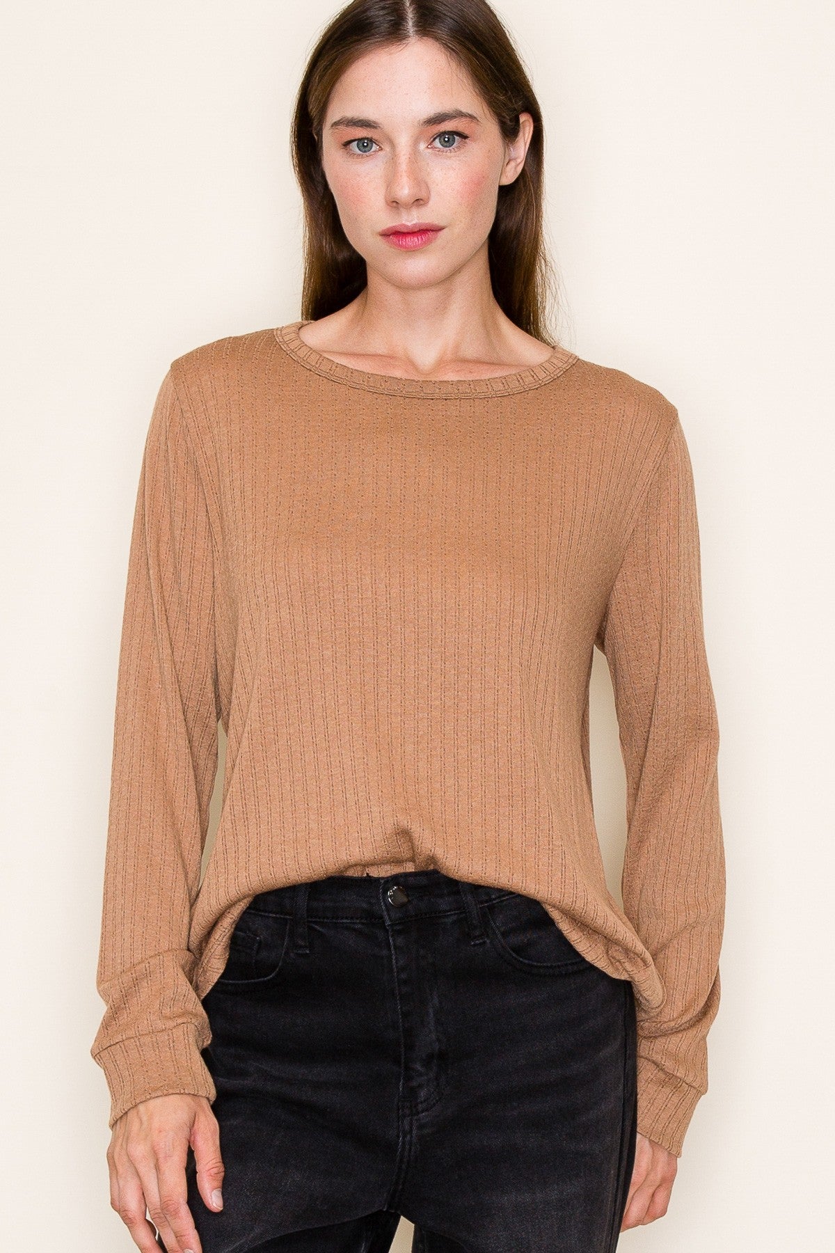 Camel Pointelle Knit Maternity Long Sleeve Top