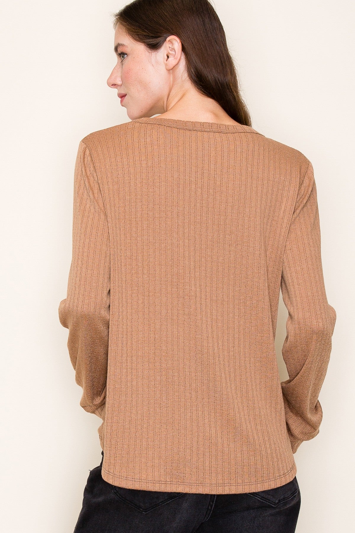 Camel Pointelle Knit Long Sleeve Top
