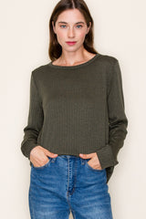 Olive Pointelle Knit Long Sleeve Top